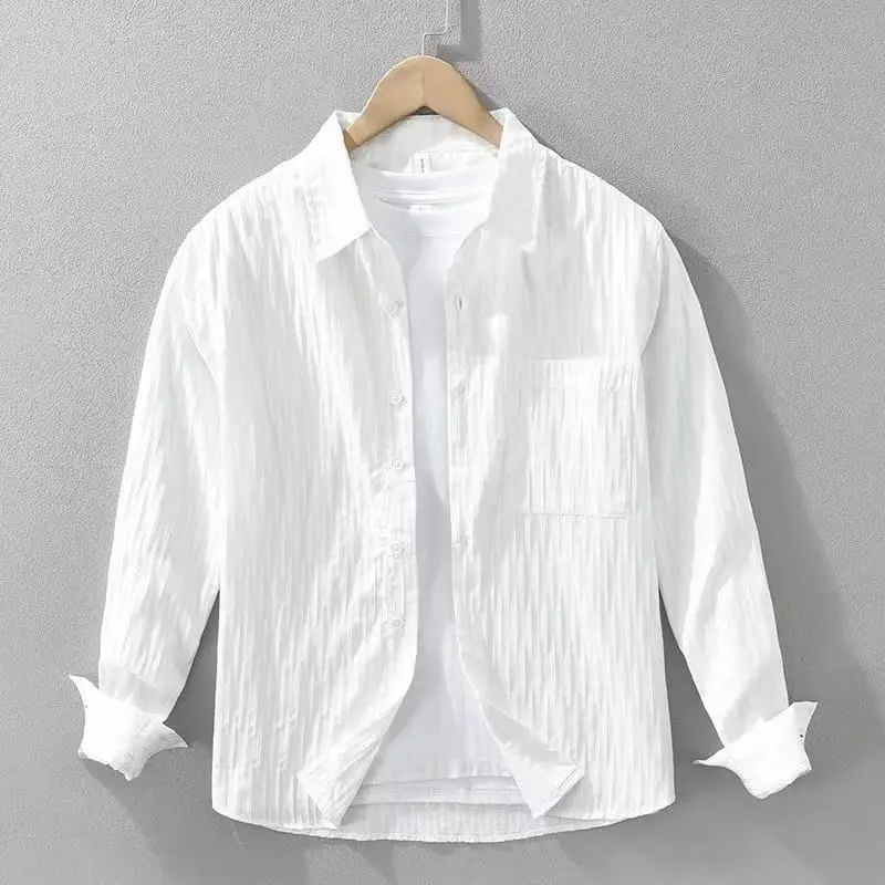 

Advanced Long Sleeve Men's Casual Shirt Breathable Cotton Spring Autumn Pure Color Versatile Turn-down Collar Full-length Button