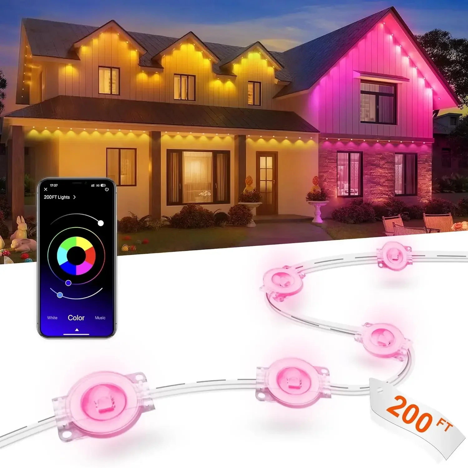 

Уличные светильники для дома, 200 футов, умные RGB LED-ленты для наружного освещения с 16 миллионами цветов для самостоятельной настройки, IP67 водонепроницаемые, долговечные