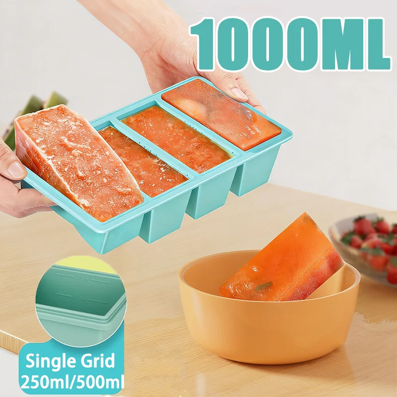 Molde de silicona de una sola rejilla de 250ml/500ml para congelador, bandeja grande para hielo, caja de almacenamiento de alimentos para conservar la frescura al congelar sopas