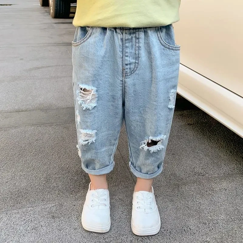 

Kids Boy Tattered Pants Children's Jeans Summer Baby Shorts Children's Loose Spring and Autumn Thin Cropped Pants