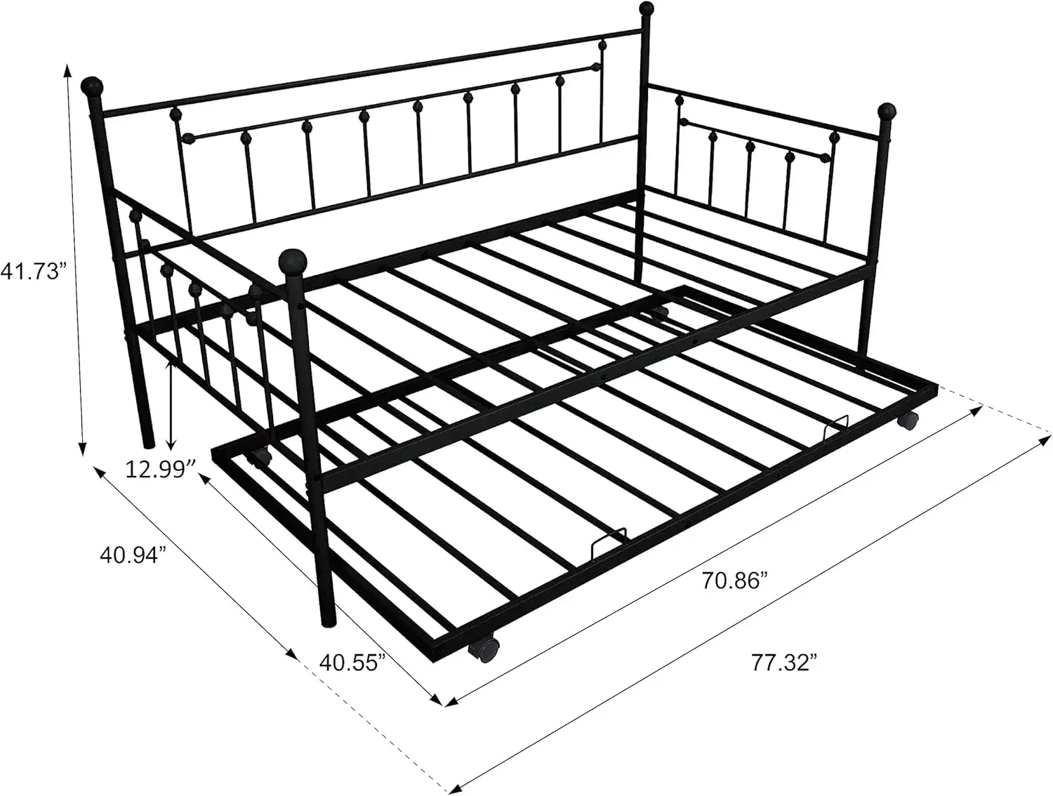 Metal Living Room Guest Bed Pull Out Trundle Vintage Metal TrundleFrame for Guest Room,Bedroom (Black)