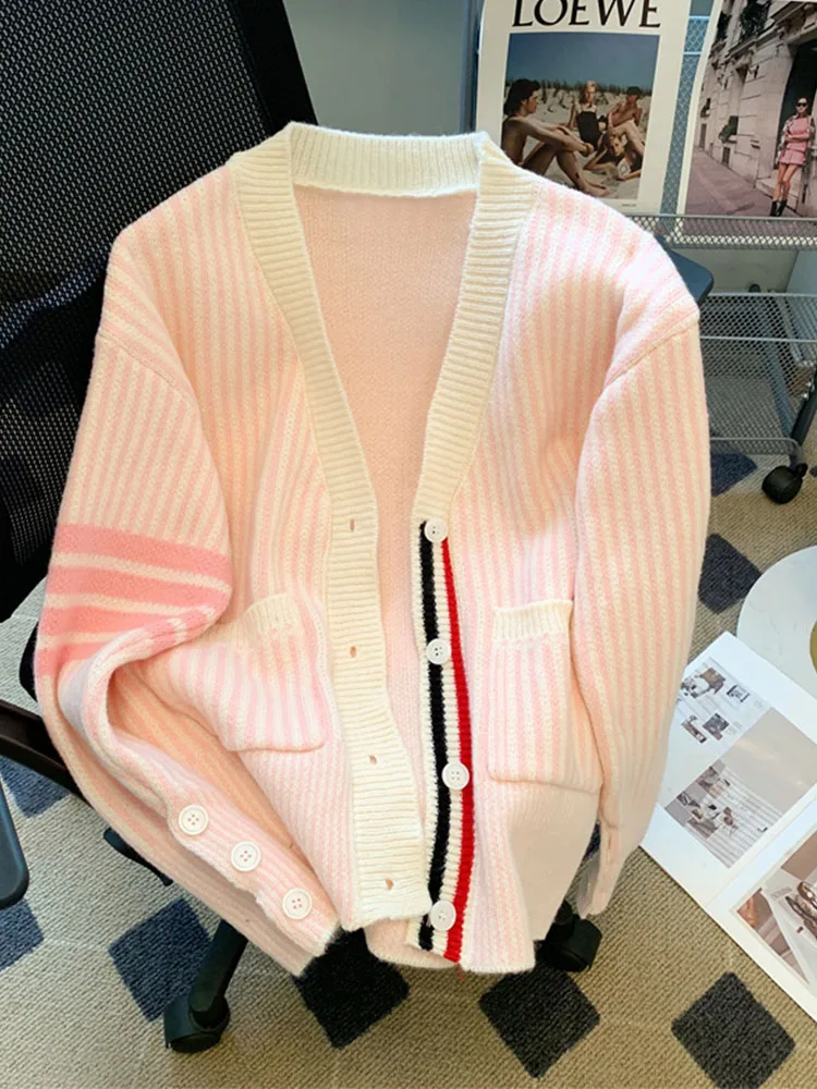 Fashion Harajuku Knitted Sweater Women Long Sleeve V-Neck Autumn Winter Striped Tops Korean Single Breasted Cardigan Oversized