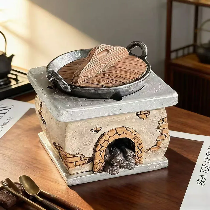 Retro Stove Ashtray with Cover Decoration Creative Personality Trendy Home Desktop Resin Old Stove Ashtray Ornament Gift