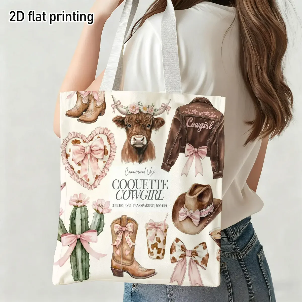 2d Flat 1pc Watercolor Cowgirl Themed Durable Tote Bag, Highland Cow, Duplex Prints Western Style Cactus Boots Hat, Ideal for Gr