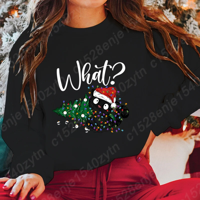 Christmas Light Black Cat What Print Hoodless Sweatshirts Women Fashion Creative Personalized Sweatshirts Autumn Winter Pullover