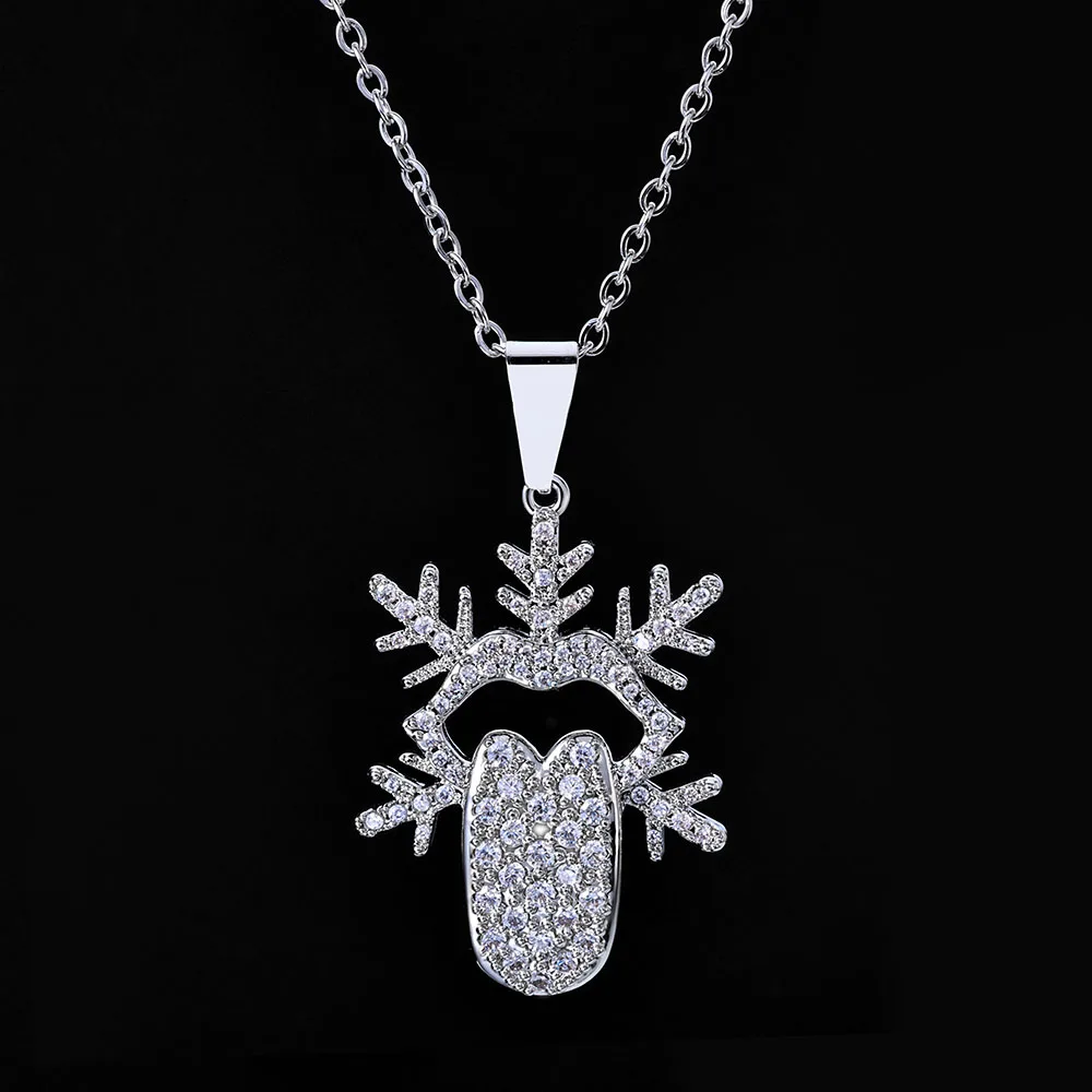 

ESKEEM Fashion Iced Out White Gold Plated Diamond Tongue Shape Snowflake Pendant Necklace for Men Women Christmas Jewelry Gift