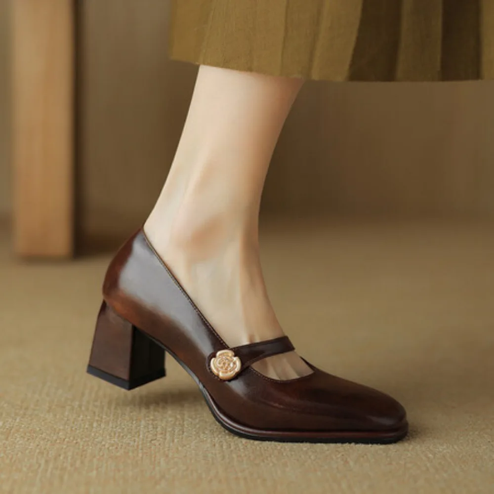 Women Shoes High Heels Vintage Mary Jane Shoes Spring Black Brown Leather Shoes Leather Leather Heels Square Toe Buckle Strap