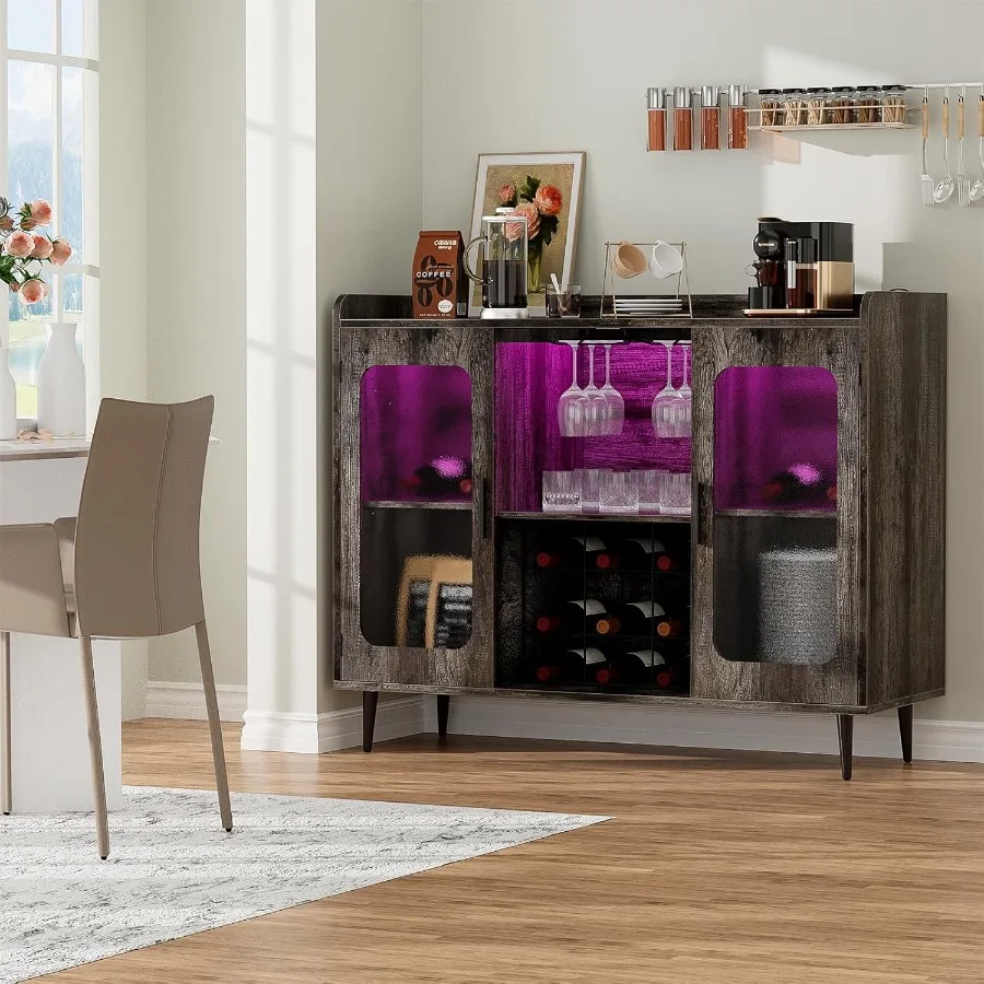 Bar d'armoire à liqueur avec prise de courant, lumière LED avec support à vin et verres pour le rangement de la cuisine et de la salle à manger, chêne noir Fi