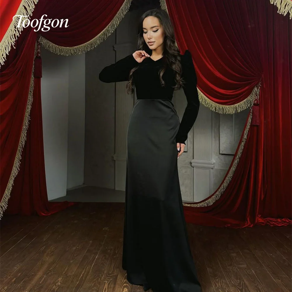 

Toofgon Black Prom Gowns Customized Velvet Satin Long Sleeve Women Evening Dresses Formal Specil Occasion Party Dress