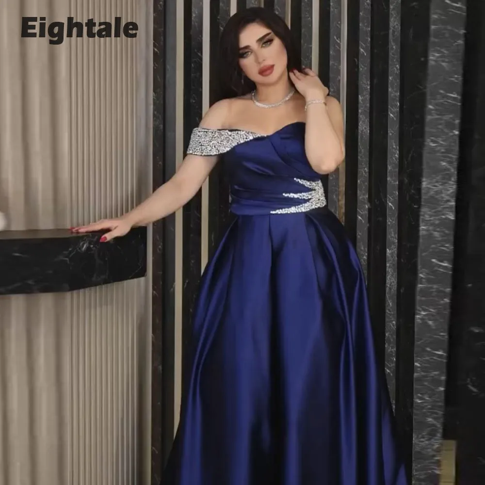 

Eightale Luxury Evening Dresses Beaded A-Line Navy Blue Saudi Women Prom Party Gowns Satin Arabic Floor Length Vestidos De Festa