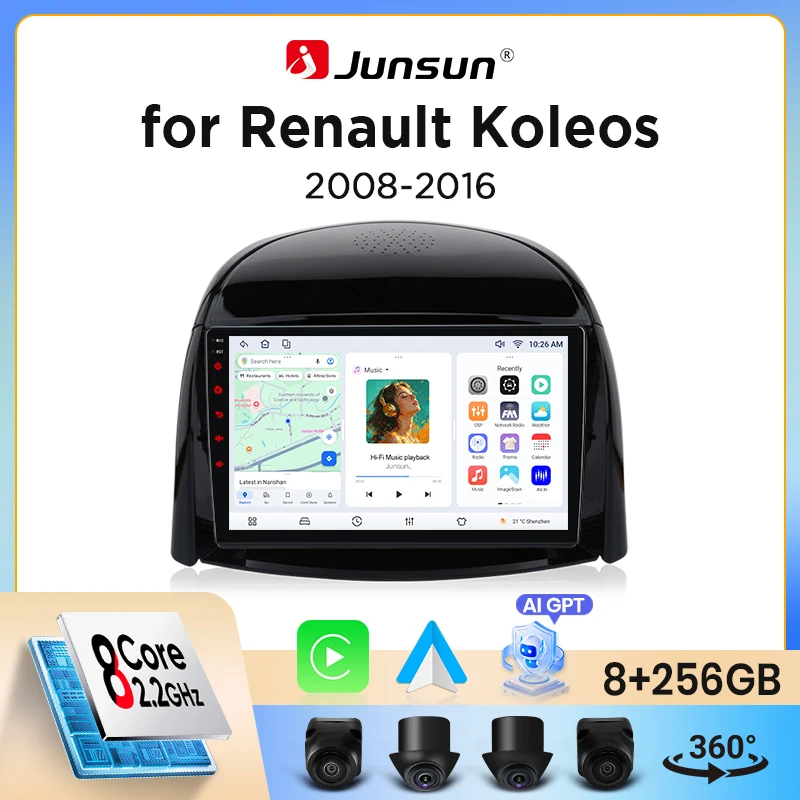 Image of Junsun Wireless CarPlay Android Auto Autoradio für Renault Koleos Mk1 (HY) 2008-2016 mit integriertem Lüfter, Android GPS-Navigation, Multimedia-Player, WiFi, DSP, RDS, BT, SWC, IPS-Touchscreen,