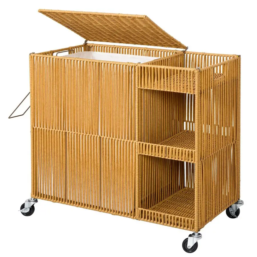 

Laundry Hamper with Wheels, Handwoven Laundry Basket with Lid, Shelves, Rolling Clothes Hamper with Removable Liner Bag, 110L La