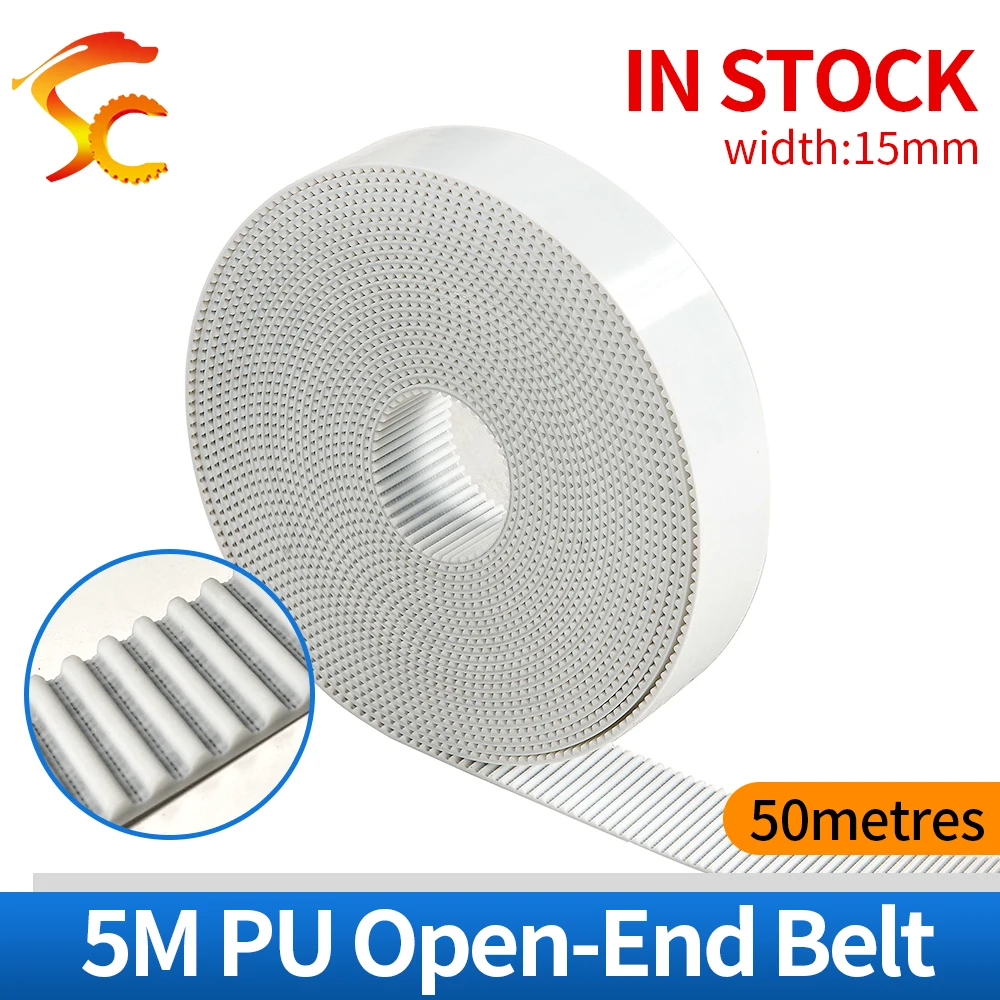 Free shipping 50Meters HTD5M timing belt Width 15mm 5M-15mm Color White Polyurethane with steel wire core HTD5M Open belt PU 5M