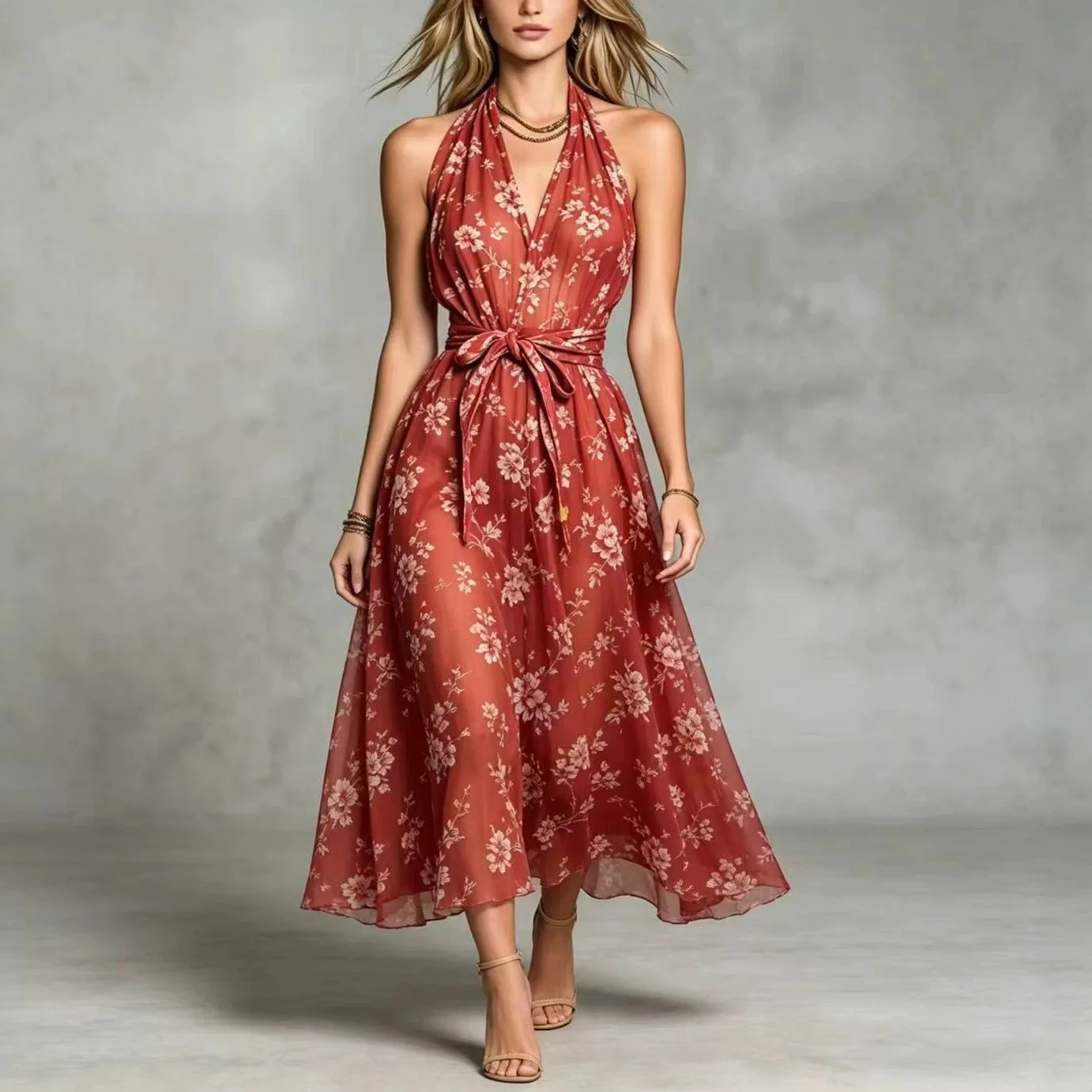 

. Summer New Halter Floral Dress, Casual Elegant V-Neck Waist Tie Flowy Midi Dress