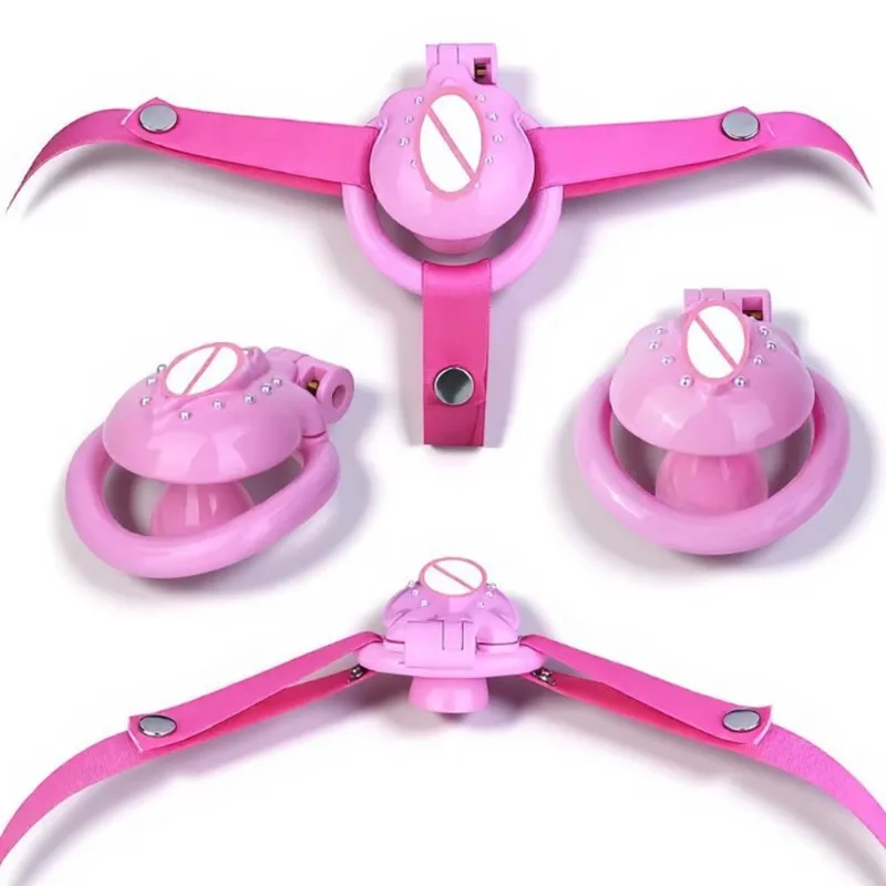Pink Inverted Flat Sissy Chastity Cage Chastity Belt Device Invisible Lock 4 Size Penis Rings Pussy Worship Sextoys
