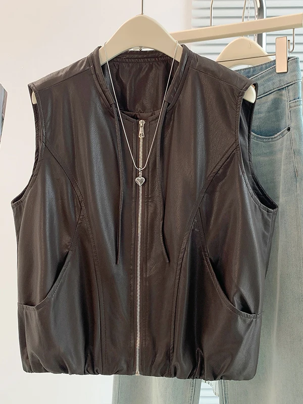 Fall 2026 Korean Design Sense Zipper Sleeveless PU Leather Vest Women's Large Size Loose Shoulder Jacket Top Casual Style