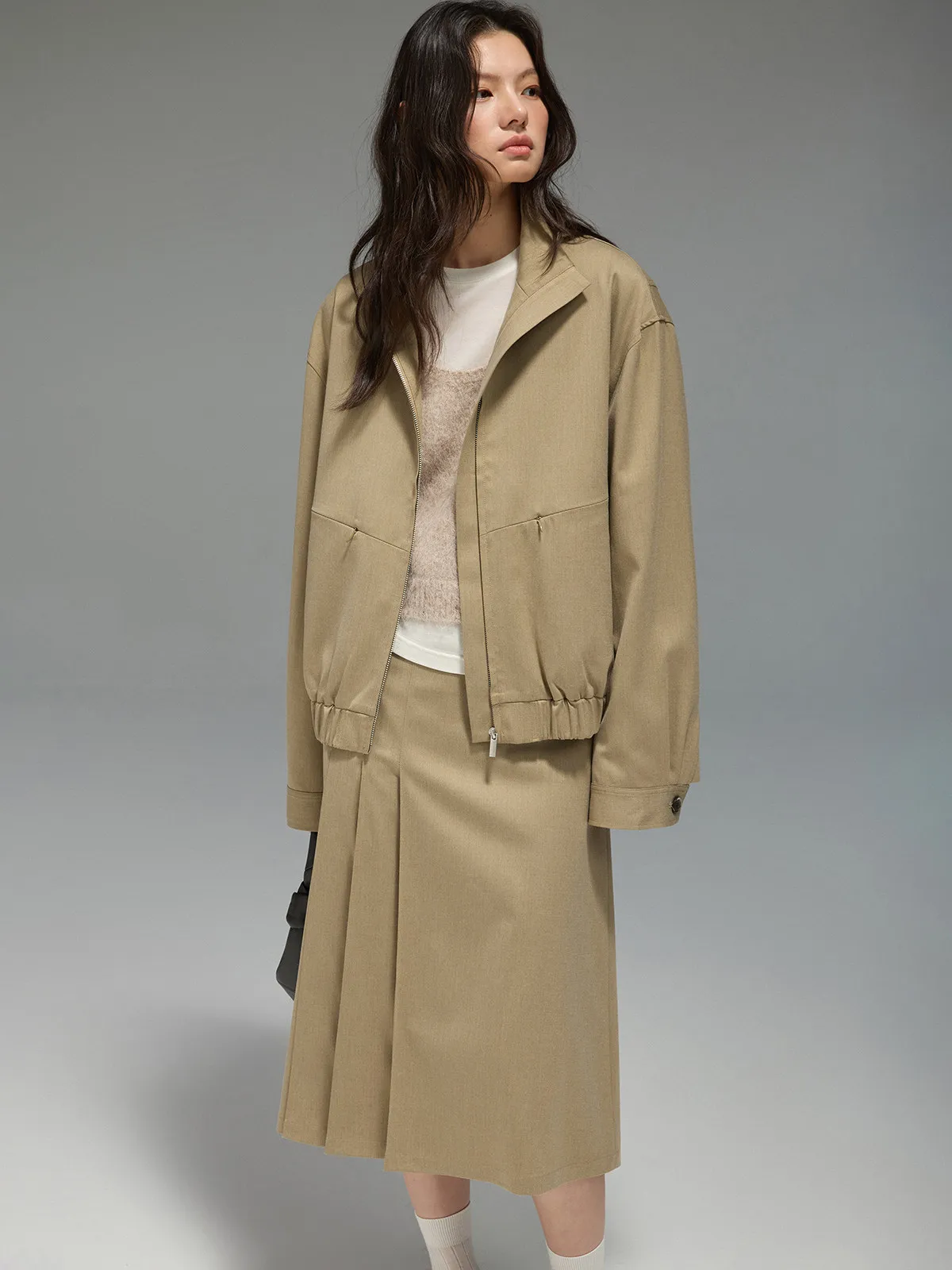 

JUSLIN Design Split Collar Zipper Hullington Jacket Outerwear High Intelligence Pleated Skirt Two-Piece Set Spring Fashion