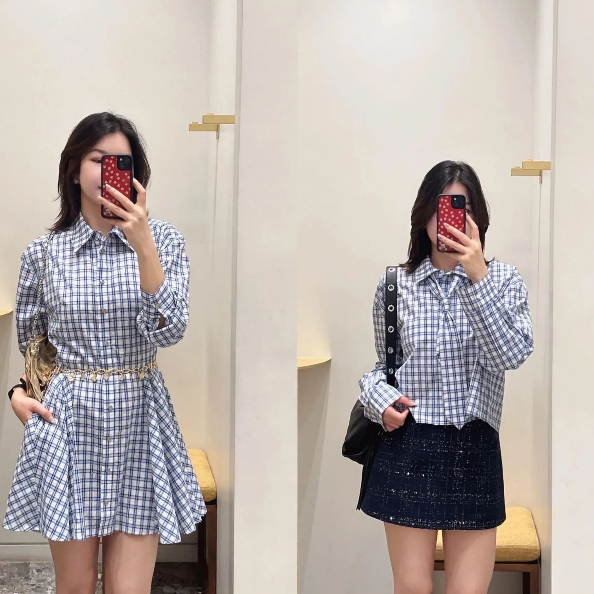 

Blue White Plaid Women's Hot Rhinestones Decoration Single Breasted Long Sleeves Mini Robe or Loose Tie Turn-Down Collar Shirt