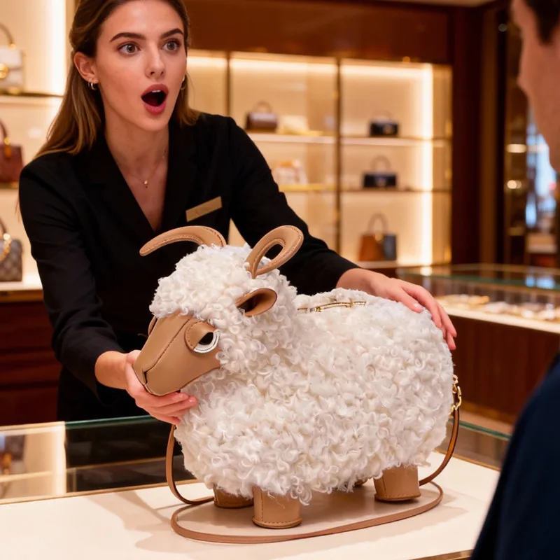 New Fashion Design Cute Sheep Shape High-end Crossbody Bag Women's Soft Animal Cartoon Handbags Lady Trendy Luxury Dress Bag