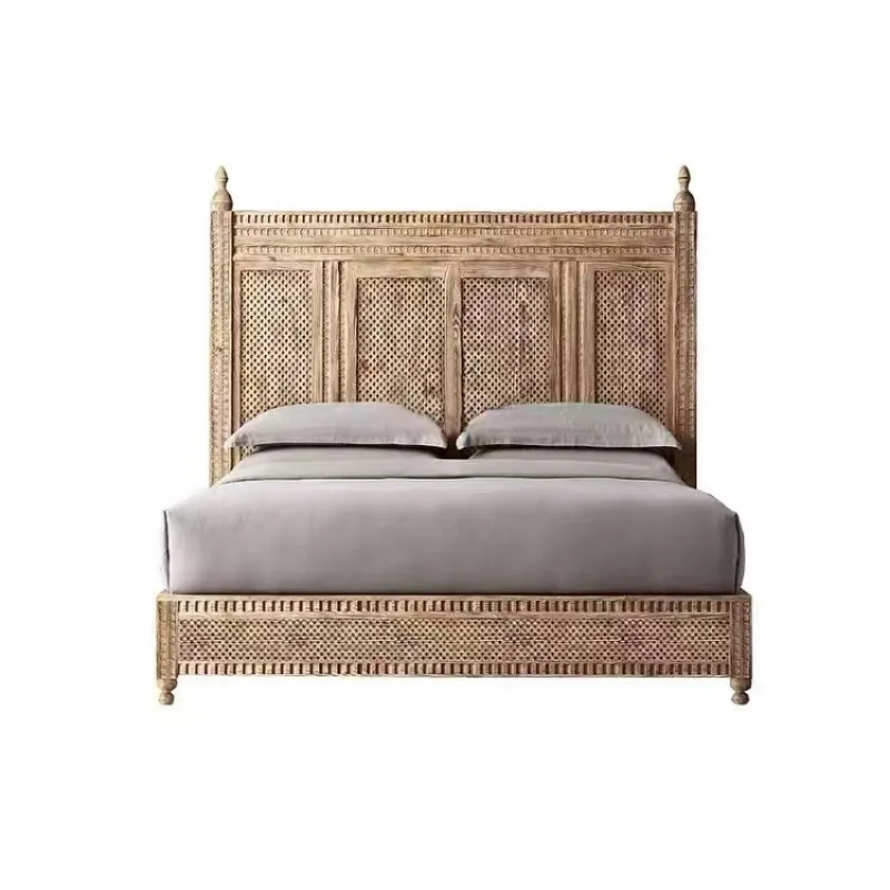 

French solid wood rattan bed, modern simple small apartment, bedroom, retro homestay