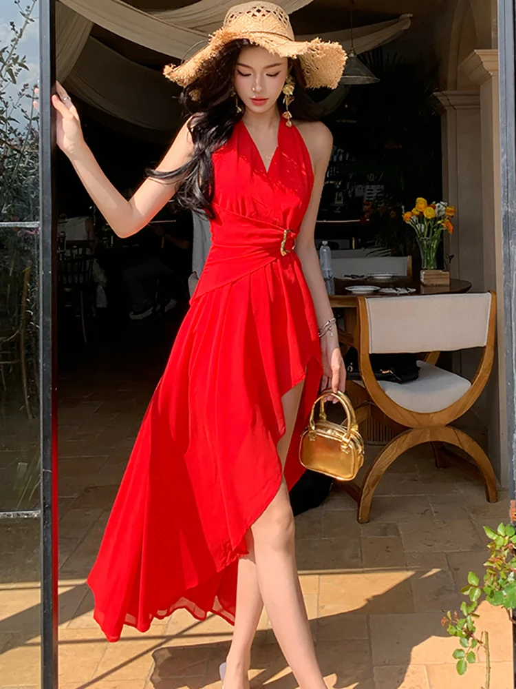 여성 레드 쉬폰 붕대 우아한 슬릿 롱 드레스 여름 패션 시크 넥 마운트 섹시 드레스 2025 한국 바디콘 럭셔리 드레스