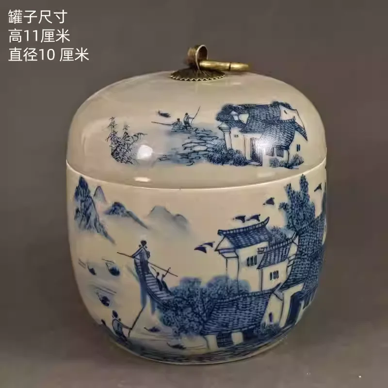 Retro Jiangnan Water Town Porcelain Jar Rural Old Ceramic Tea Storage Canister Antique Collectible Ornament