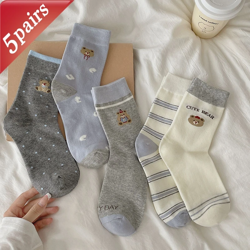 5 Pairs Women's Socks Set Japanese Striped Bear Simple Versatile Casual Mid Socks Breathable Sweat Absorbing Sports Cotton Socks
