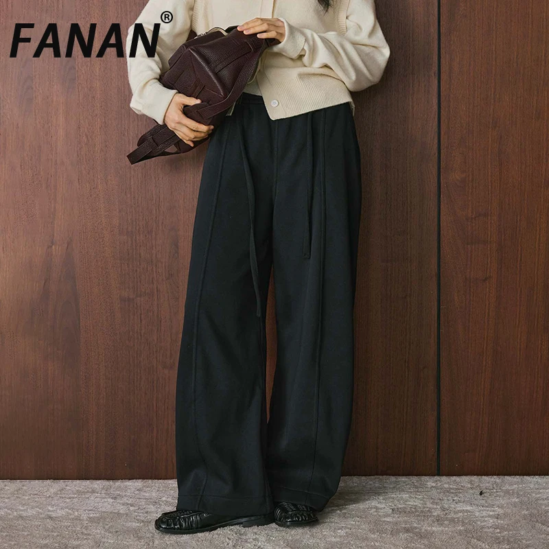 

FANAN Drawstring Design High Waist Straight Wide Leg Pants For Women Straight Korean Style Thick Warm Trousers Female Winter New