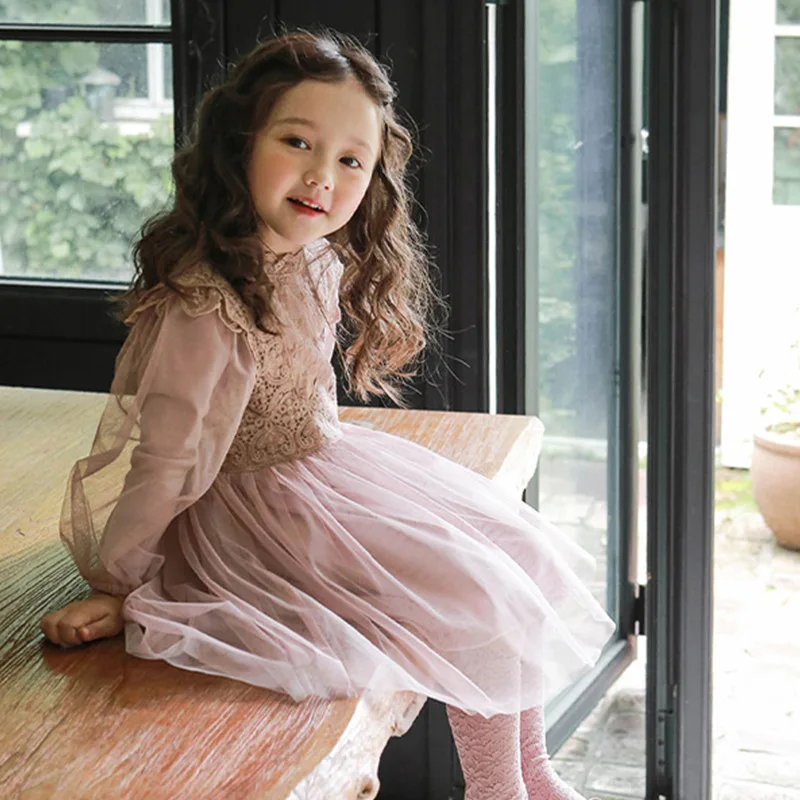 2025 Spring Summer New Mesh Dress Children Korean Clothes Girl French Lantern Sleeve Dress Elegant Princess Dress Kids 2-15