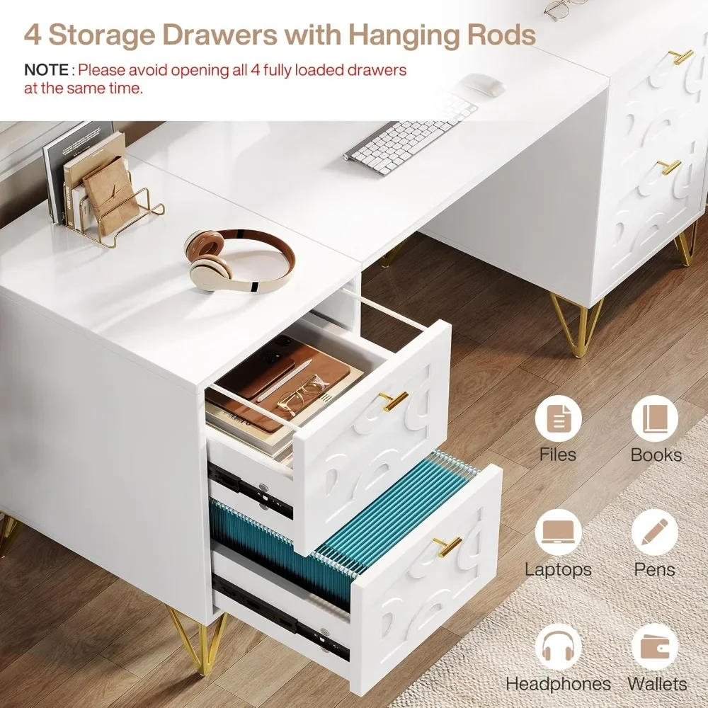 59-Inch White Executive Computer Desk with 4 File Drawers Storage, Modern Writing Table, Luxury Desk