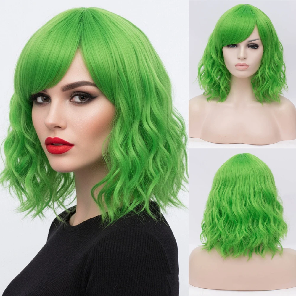 

Cosplay Green Wig Women’s Fluffy Short Wavy with Side Bangs Heat Resistant Synthetic Wig
