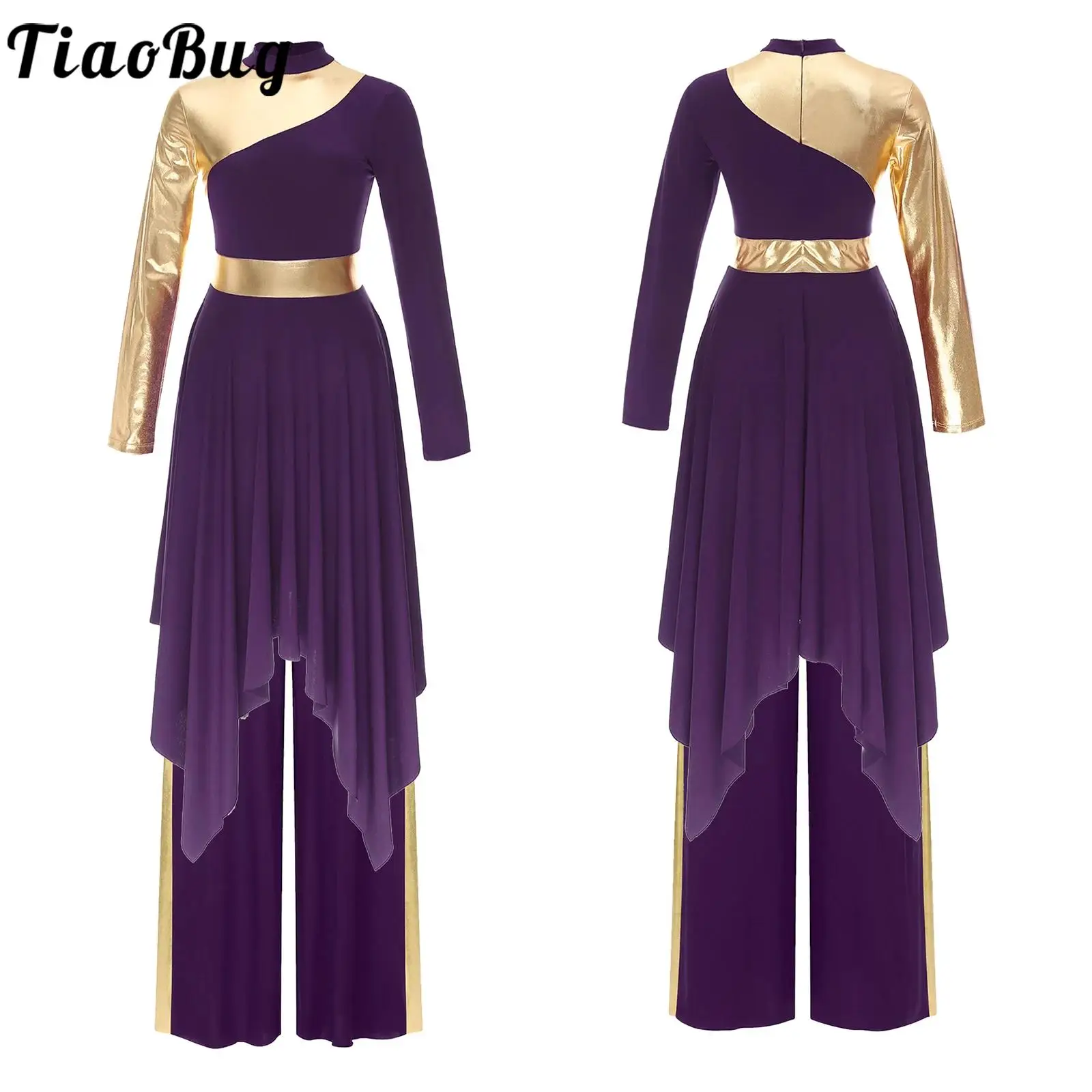 

Women Metallic Color Block Liturgical Praise Dance Dress with Wide-leg Pants Outfits Choir Church Worship Performance Costume