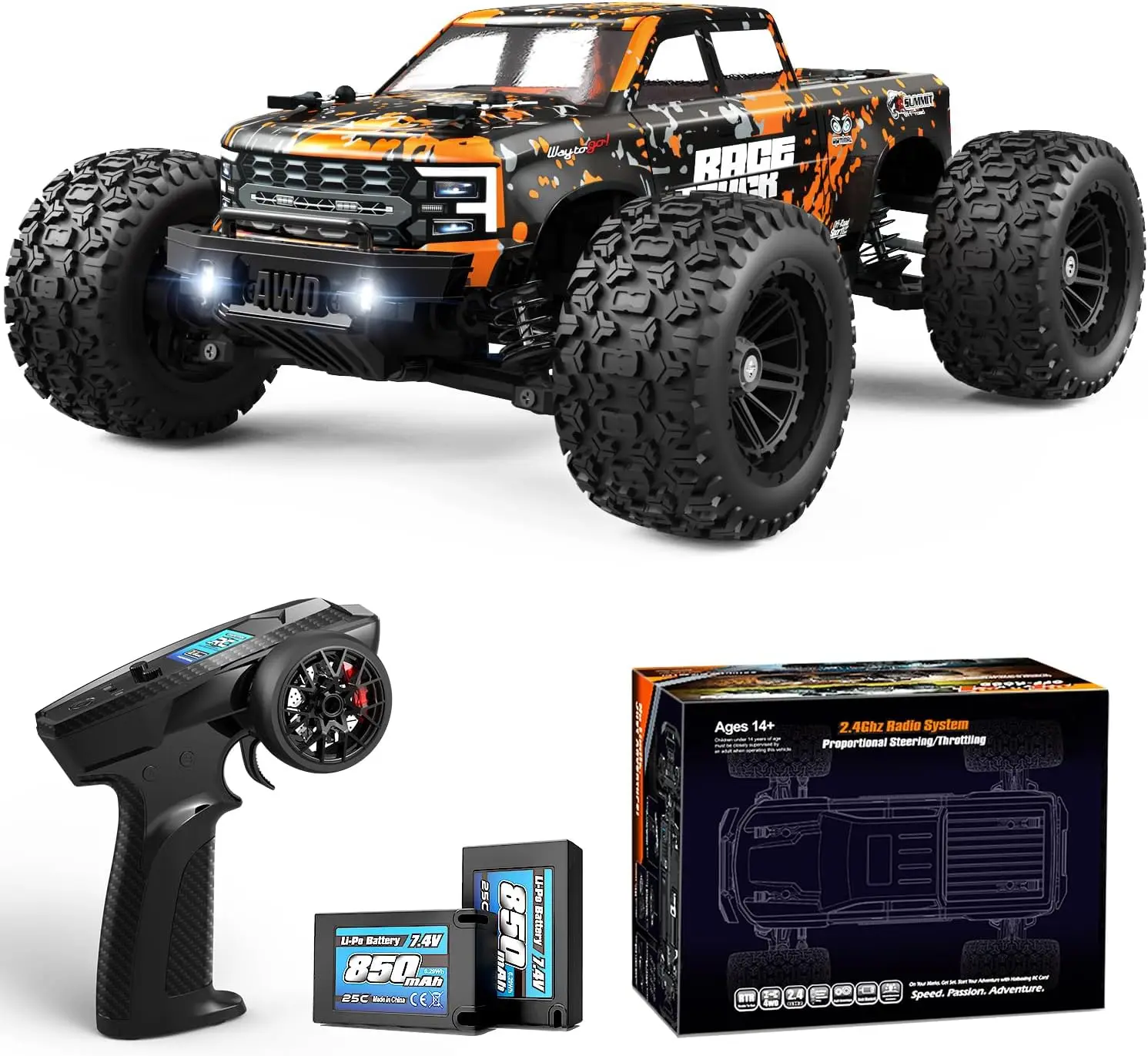 

Monster Truck,2.4GHz Remote Control Fast RC Car 36km/h 4WD Off-Road Water-Resistant Electric Powered Vehicle with Dual Batteries