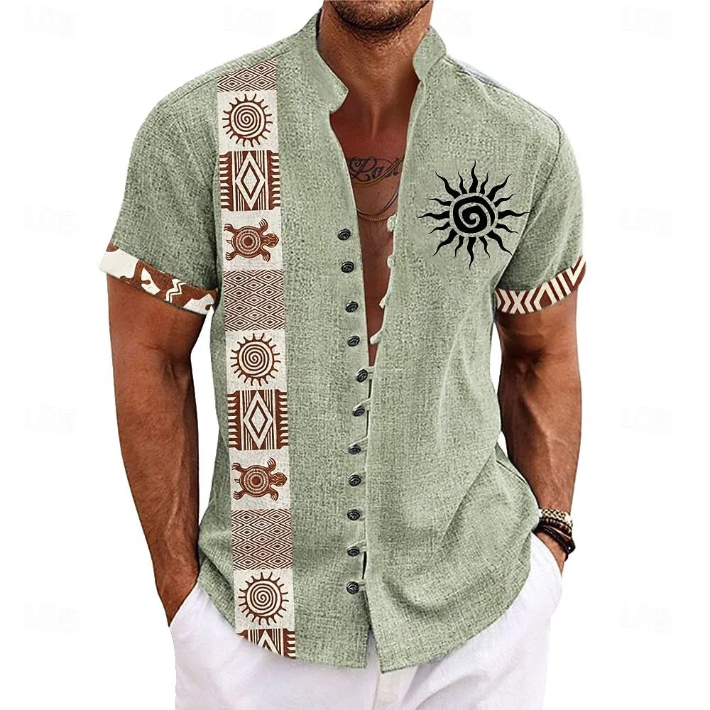 New men's short sleeved shirt with linen pattern, fashionable 3D coconut tree print, artistic high-quality shirt