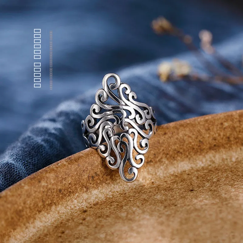 

Retro Court Sle Open Ring for Women 925 Pure Silver Fingerprint Design Faionable Vintage Jewelry Index Finger Ring