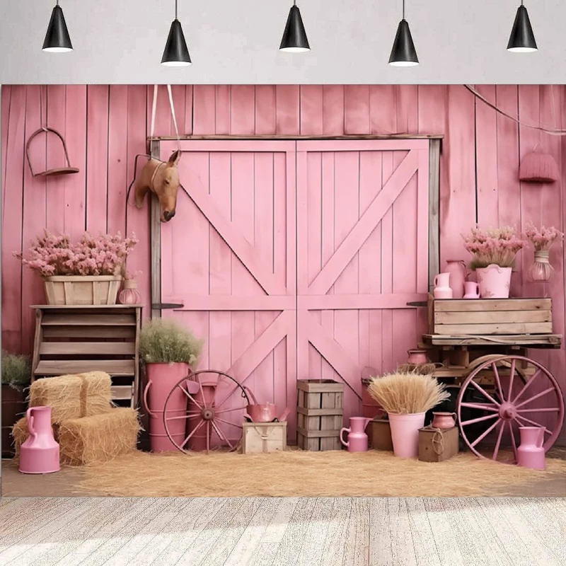 Photography Backdrop Western Cowgirl Party Decor Pink Rustic Wooden House Barn Background Wall For Girl Birthday Baby Shower