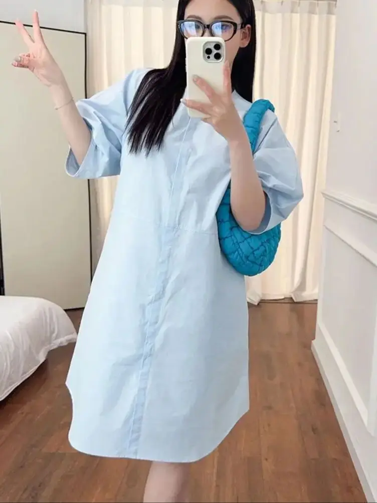 

Women's Casual O-Neck Shirt Dresses New 2025 Spring Ladies Single Breasted Bubble Sleeve Loose Blue Dress