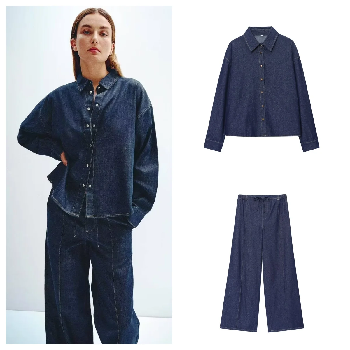 

European and American style early autumn new denim suit loose casual shirt with high waist wide leg pants