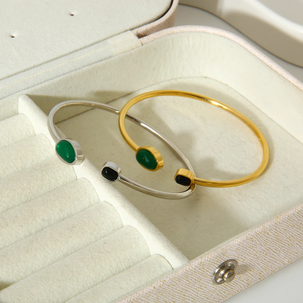 New Stainless Steel Natural Stone Open Cuff Bracelet Bangle Green Red Black Stone PVD 16K Gold Plated Tendy Jewelry for Women - Image 3