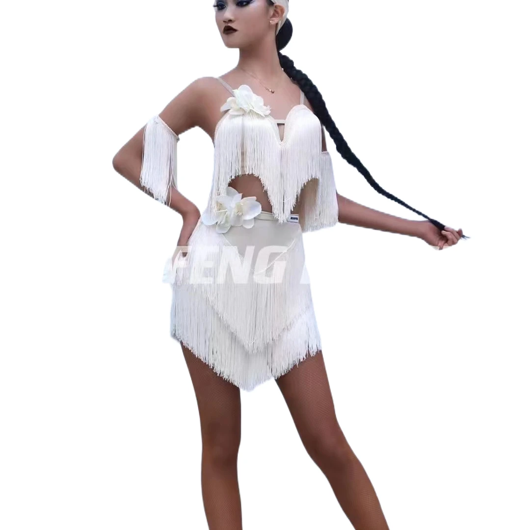 

Latin dance Top+Skirt+Bracelet Set Training Clothes Thick Tassel Chacha Tango Dance Clothes Adult Ballroom Performance Clothes