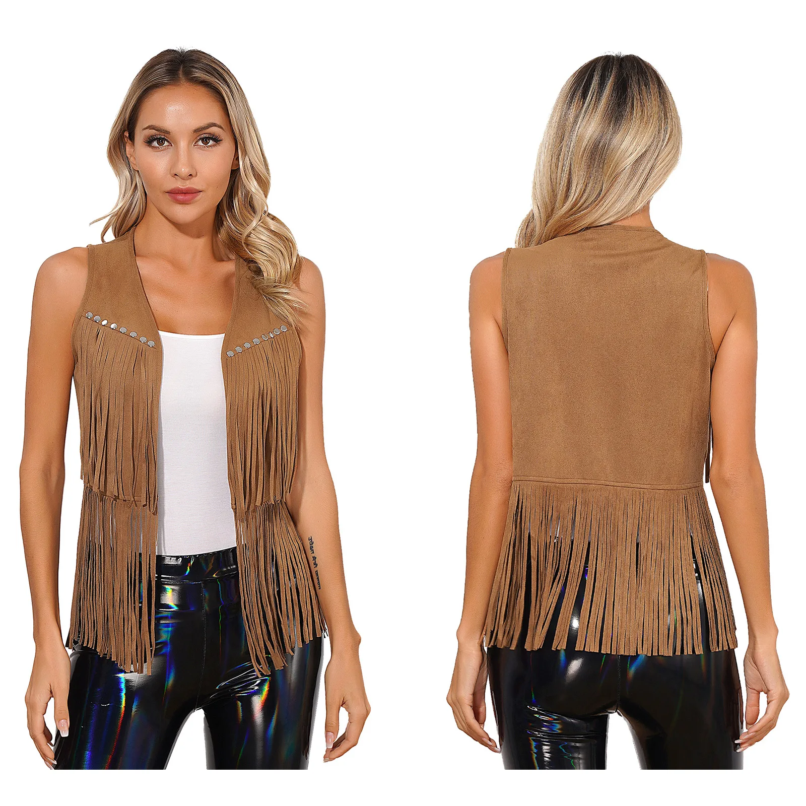 Women Western Cowboy Waistcoat Faux Suede Tassel Vest Open Front Sleeveless Rivets Fringe Jacket Halloween Party Cosplay Costume