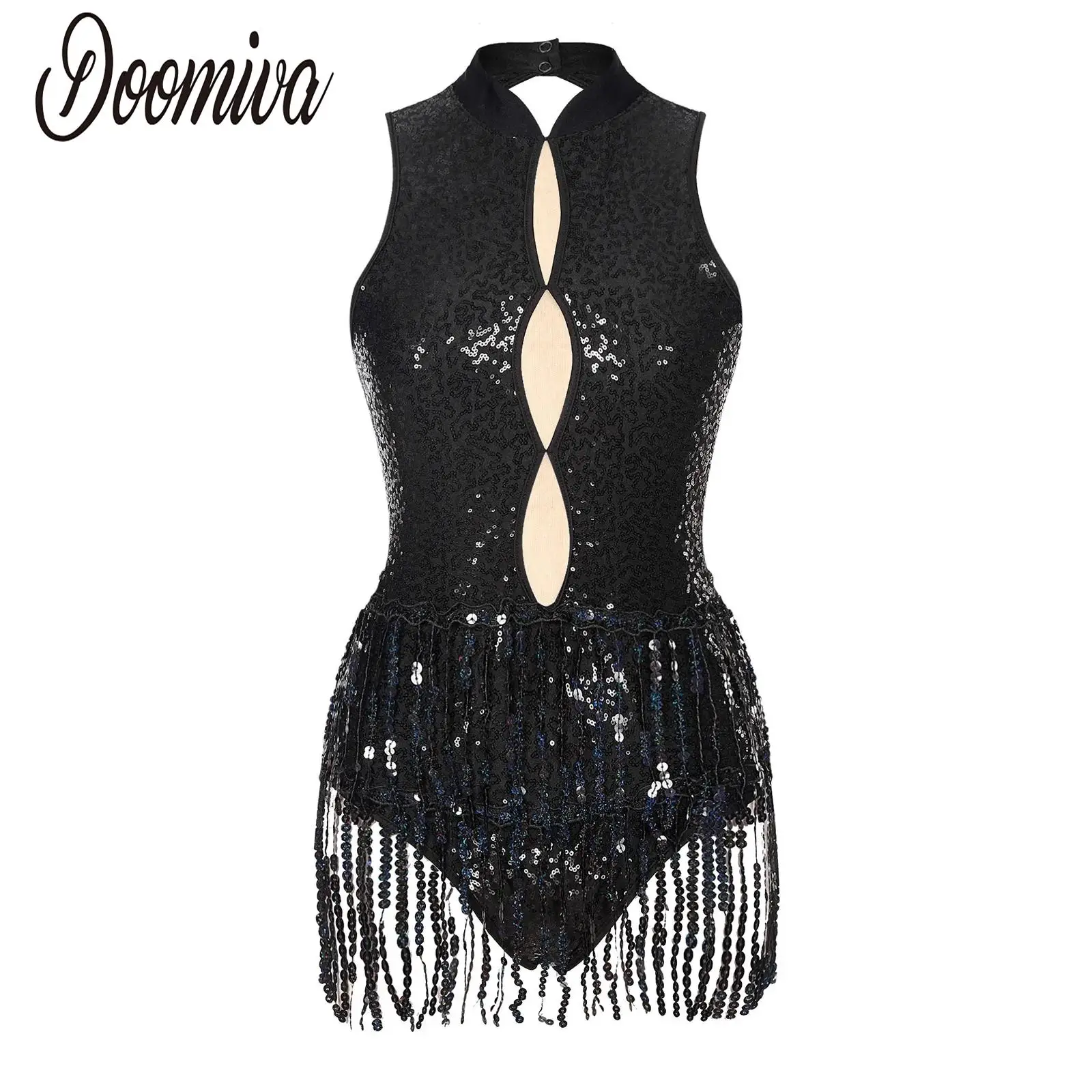 Classical Latin Dance Jumpsuit with Tassel Women\'s Sequined Salsa Samba Dance Dress Sleeveless Artistic Gymnastics Costume