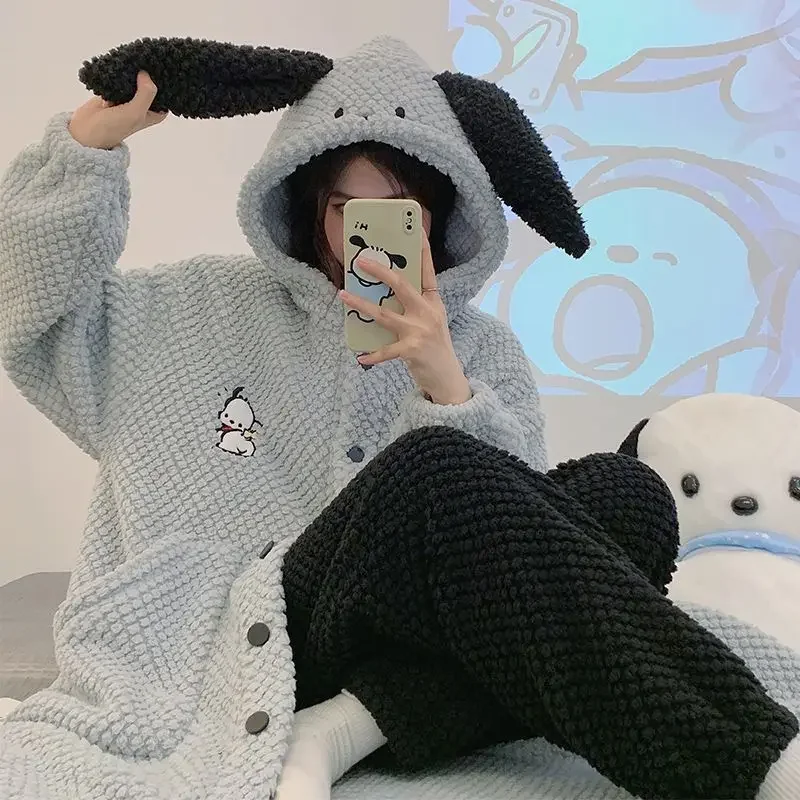 Kawaii Coral Velvet Hooded Pajamas Pajamas Girls\' Thickened Long Tops Pajamas Flannel Student Casual Home Wear Suits Nightgown