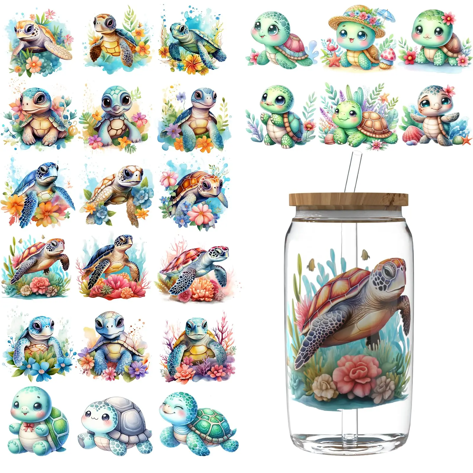 

UV DTF Cup Wraps for 16 OZ The Cute Turtle Style UV DTF Cup Wrap Transfer Stickers DIY Crafts Can be Widely Used on Glass Cup