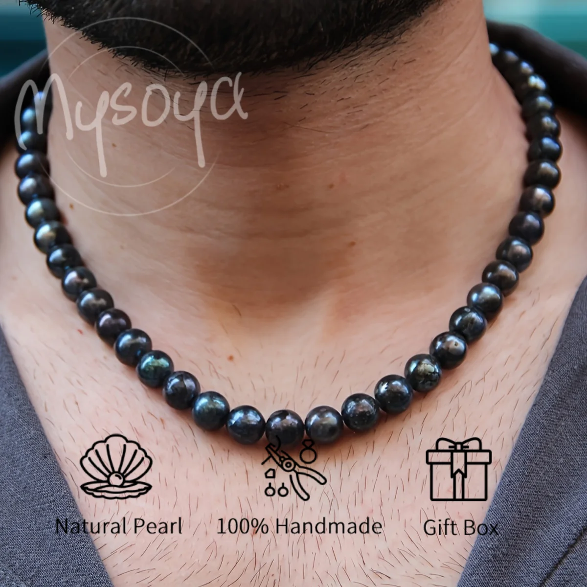 

MYSOYA 7-8 8-9mm Natural Black Freshwater Pearl Necklace Real Pearls Unisex Gift Box Birthday Wedding Christmas New Year Gift