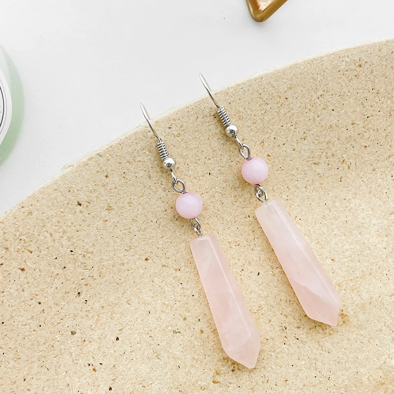 Elegant Rose Quartz Dangle Earrings For Women Handmade Stainless Steel Jewelry Pink Crystal Long Statement Earings Wedding Gift