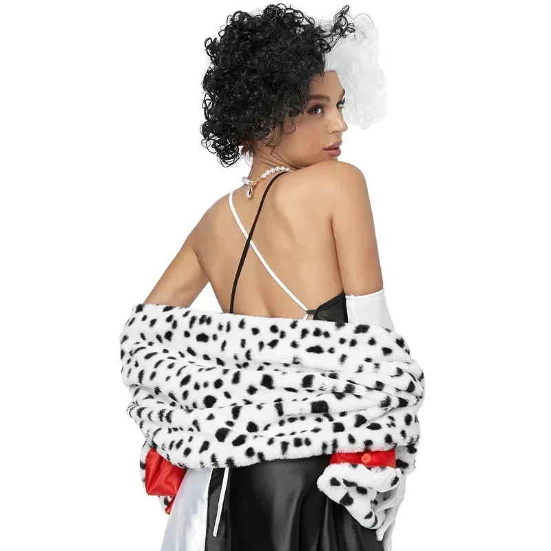 هالوين رصدت الكلب ليوبارد طباعة شال Cruella وشاح الرأس أبيض وأسود الساحرة كيب شعر مستعار