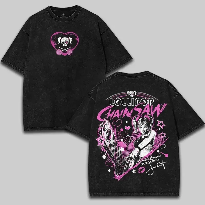 Lollipop Chainsaw Vintage Graphic Washed T-Shirt Cotton Men Women Streetwear Tee