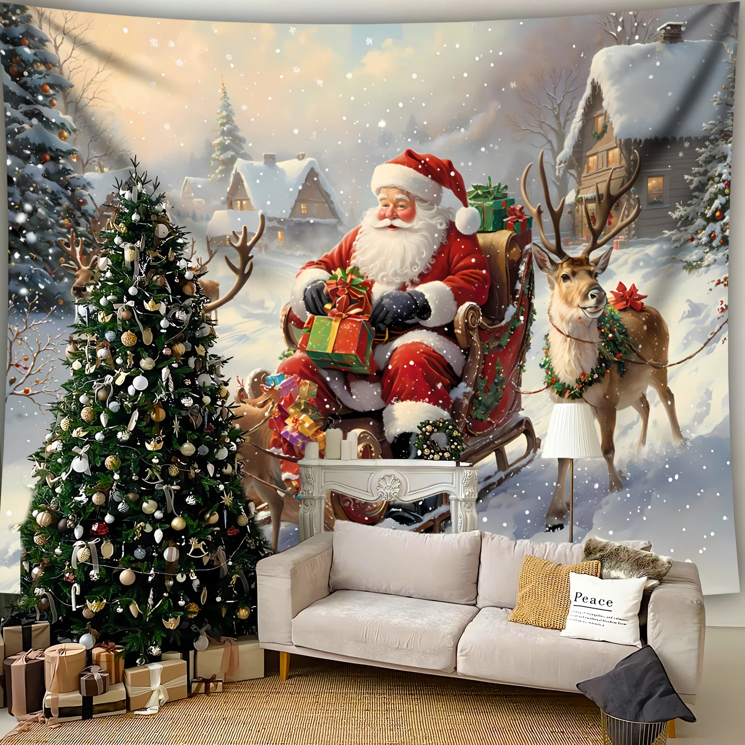 Christmas Tapestry Santa Sleigh with Reindeer Photo Background Wall Hanging,Xmas Cloth for Home Party Live Stream Decor