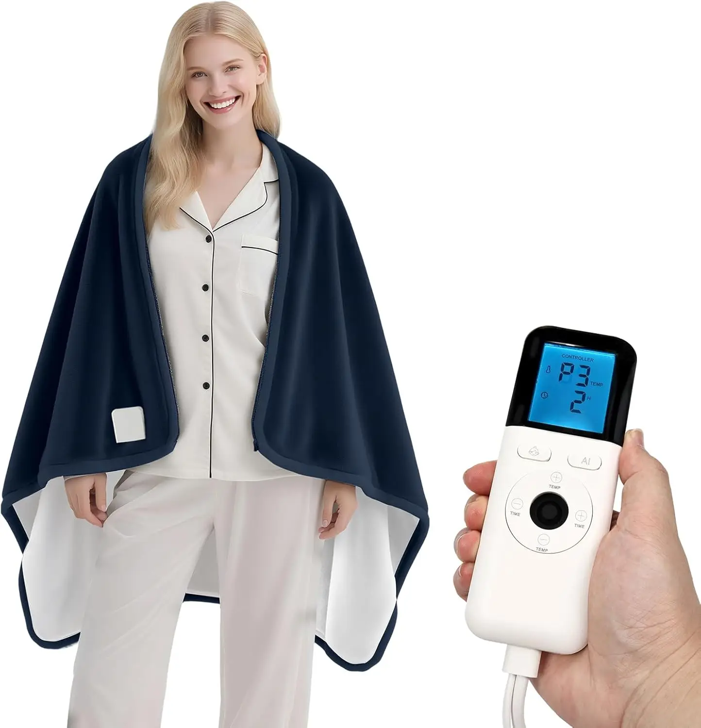 Chal portátil con calefacción, lanzamiento eléctrico de 33 x 59 pulgadas con 6 niveles de calor y 5 temporizadores, apagado automático, lavable a máquina (azul marino)